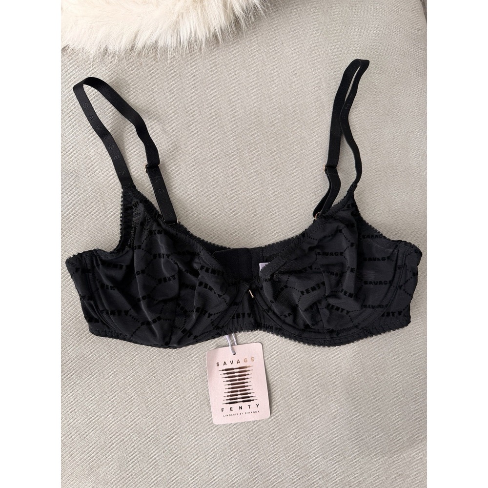 Savage X Fenty Bra Set Womens 36C Black NWT Lace Mesh Flocked Logo 2 Pack - Picture 4 of 12